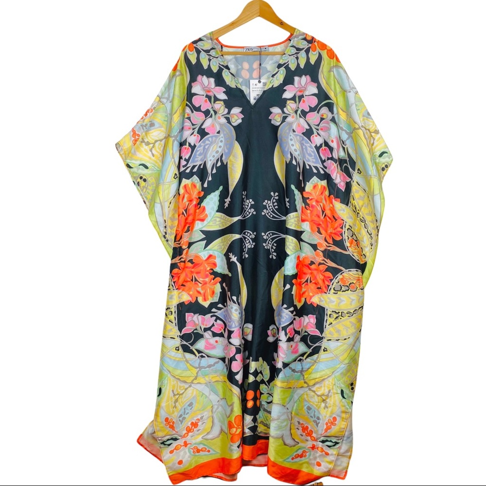 Zara RARE Multicolored Floral Printed Asian Satin Kimono Kaftan Scarf Midi Dress - Picture 9 of 15